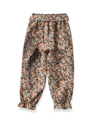 Girls Floral Trousers Elastic Waist Belted Frill Trim Pants