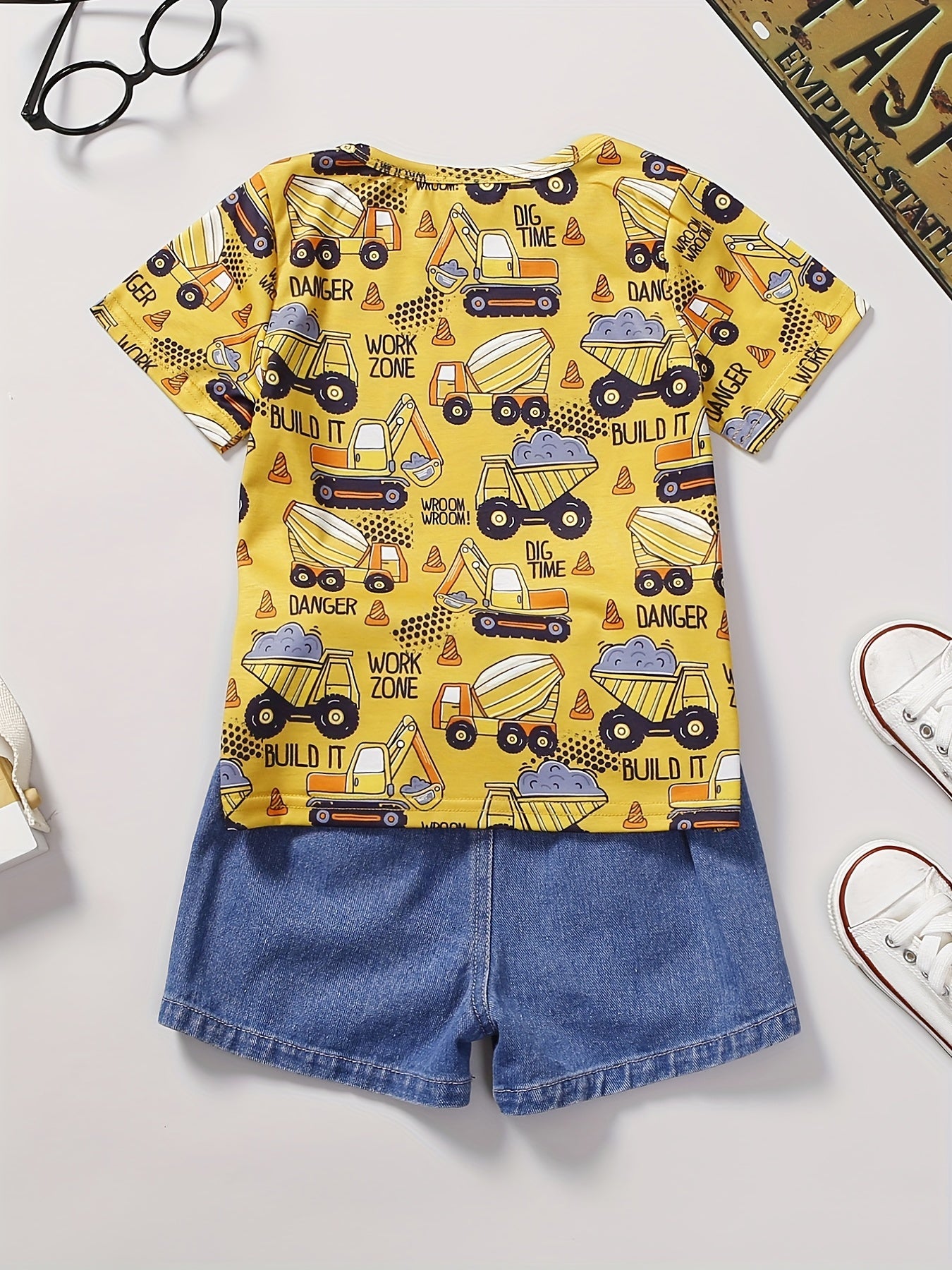 Excavator Pattern T shirt & Denim Shorts Set for Boys