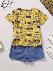 Excavator Pattern T shirt & Denim Shorts Set for Boys