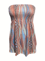 Geometric Print Shirred Tube Top Sleeveless Summer Casual Top