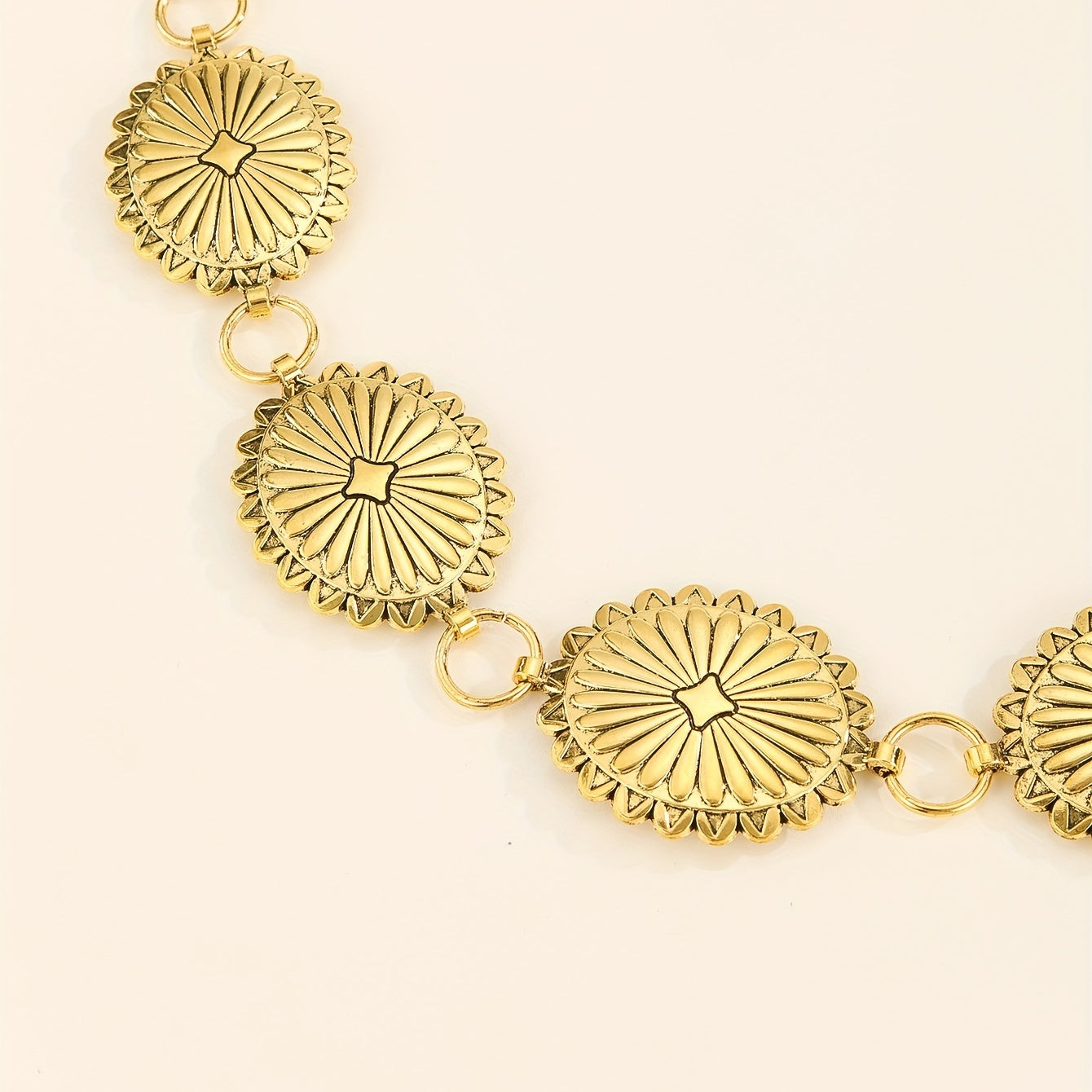 Boho Flower Embossed Waist Chain Oval Western Style Metal Belly Chain Belt