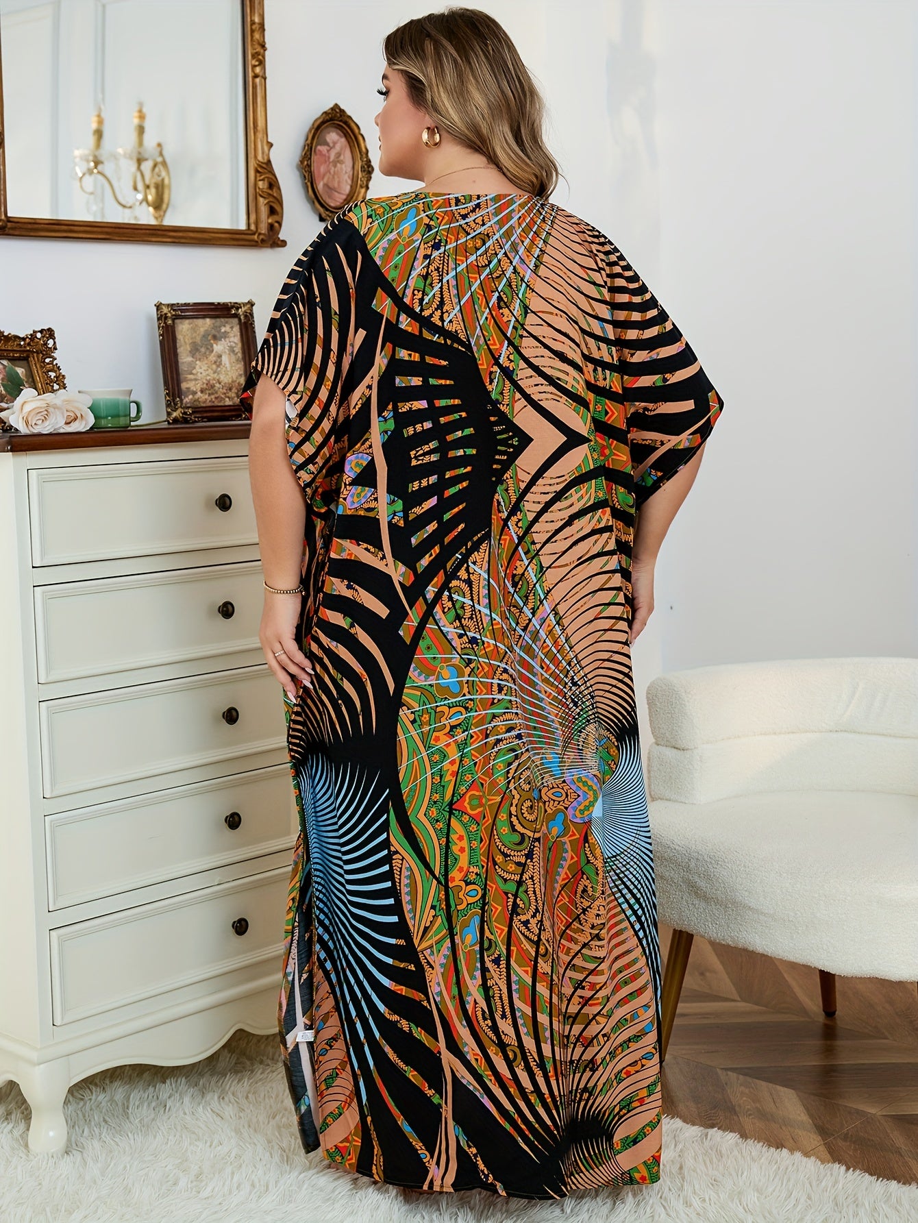 Boho Plus Size Cover Up Graphic Print V Neck Maxi Beach Dress