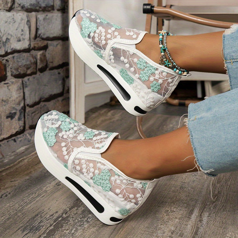 Floral Platform Sneakers Slip On Embroidered Shoes Comfortable Walking