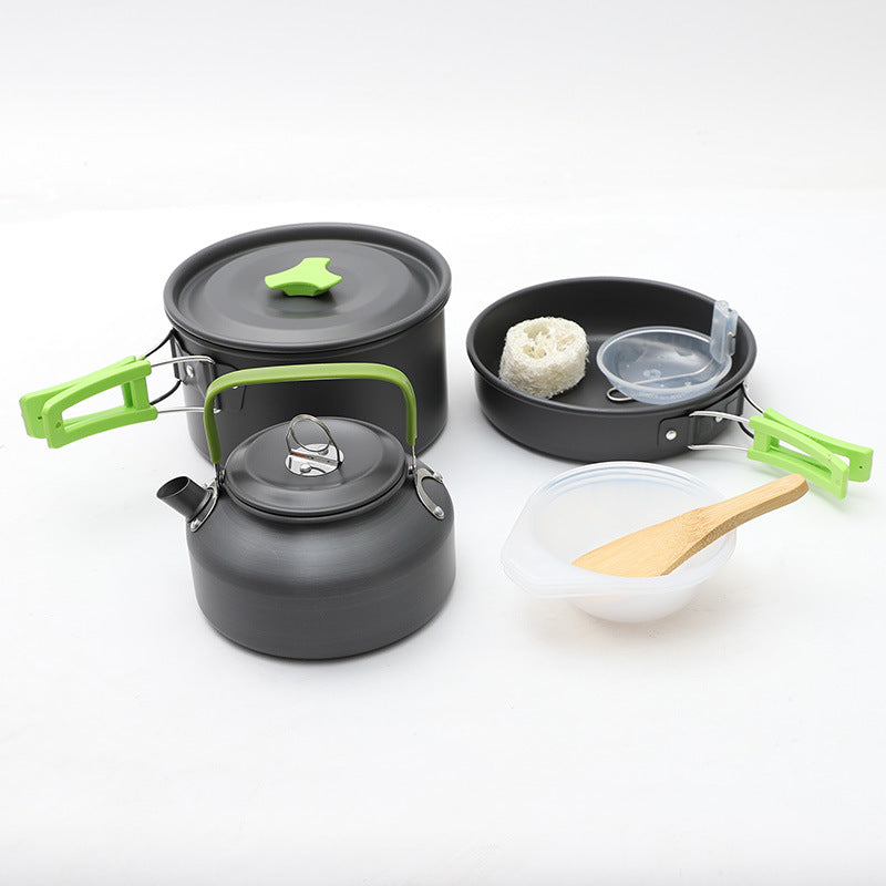 Portable Picnic Cookware Set with Aluminum Kettle, Pan, Pot & Utensils