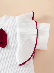 2pcs Baby Girls Bowknot Short Sleeve Top & Belted Shorts Set