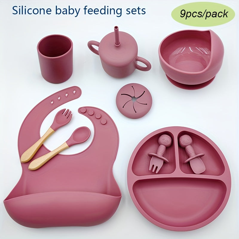 Infant Silicone Tableware Set 9 Pieces Training Spoon Fork Cup Plate