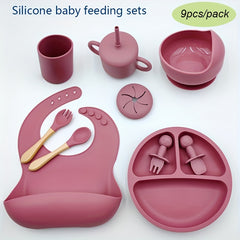 Infant Silicone Tableware Set 9 Pieces Training Spoon Fork Cup Plate