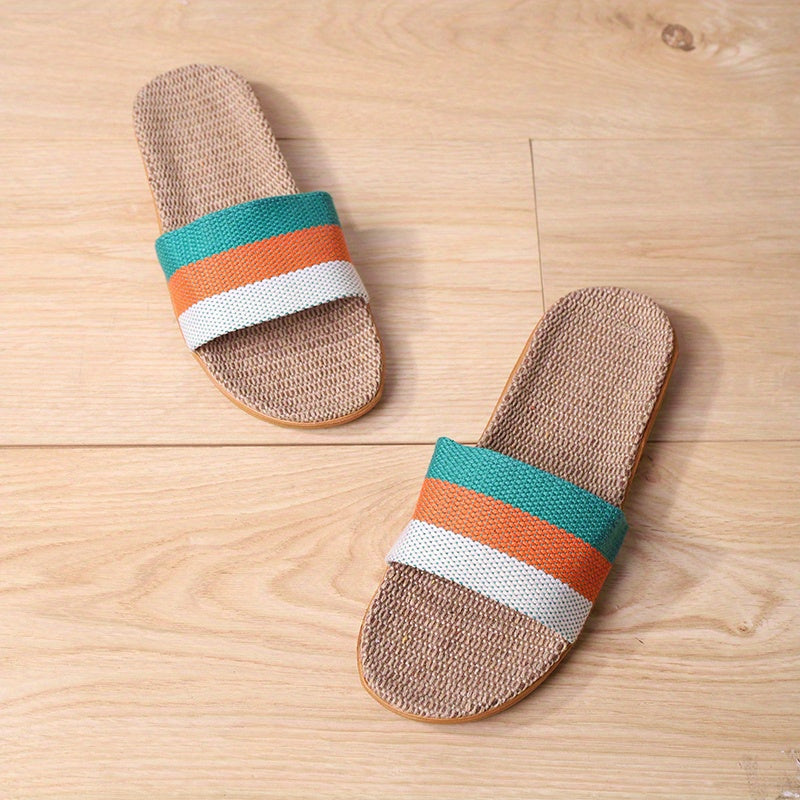Women's Colorblock Linen Slides Lightweight Open Toe Single Band Slip On Shoes