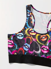 Lip & Heart Print Pajama Set Crew Neck Tank Top & Shorts