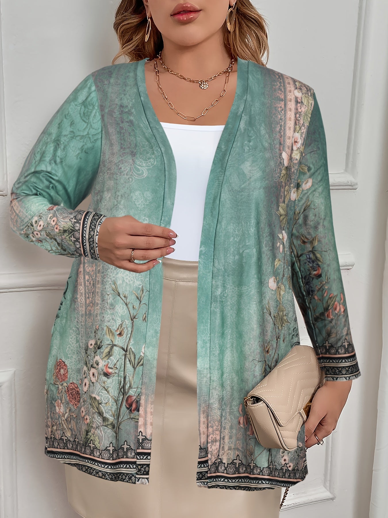Boho Cardigan Women's Plus Border Floral Print