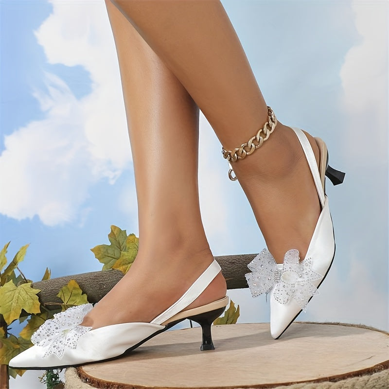 Mesh Bow-Kitten Heels Rhinestone Slingback Sandals