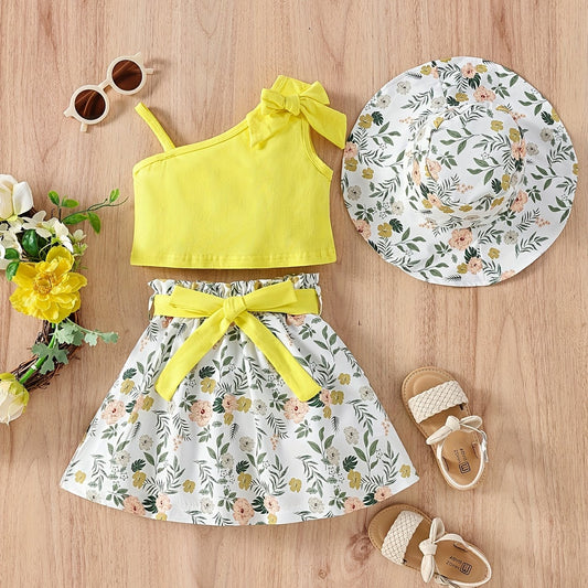 3pcs Toddler Girls Bow Crop Tank Top & Floral Skirt Set for Party