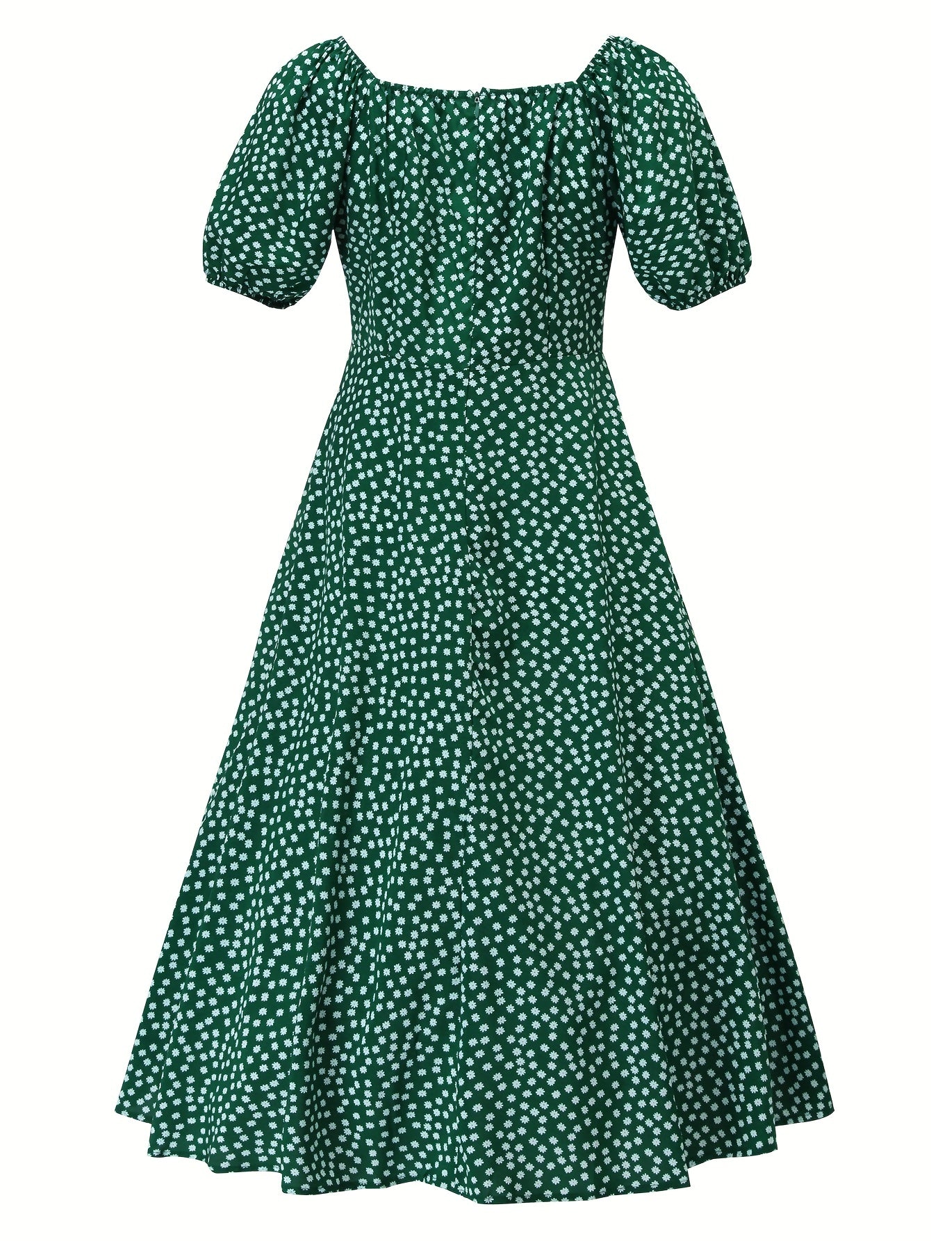Boho Split Midi Dress Square Neck Puff Sleeves