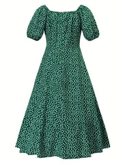 Boho Split Midi Dress Square Neck Puff Sleeves