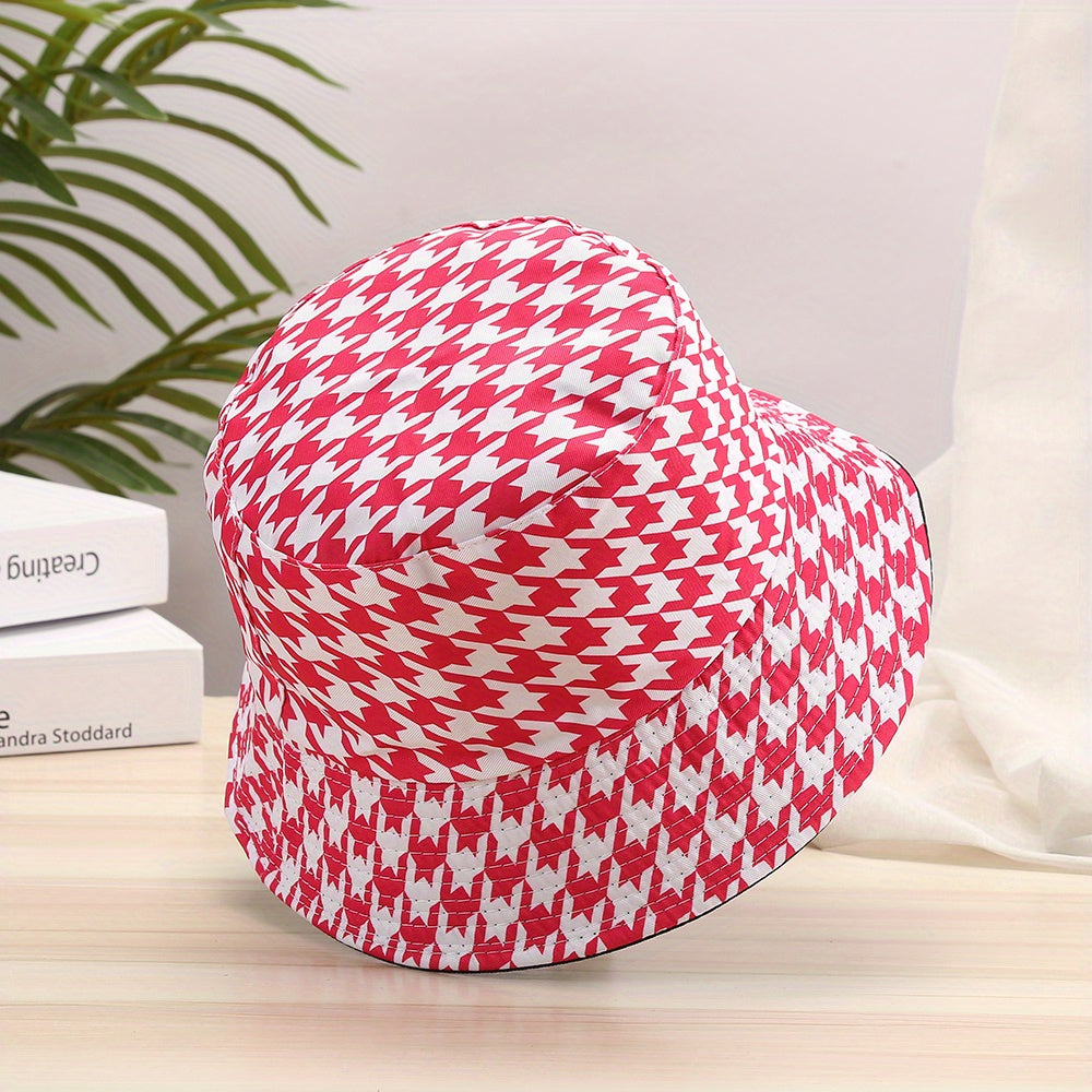 Houndstooth Print Reversible Bucket Hat Lightweight Fisherman Cap