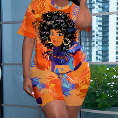 Casual Cartoon Print Top & Shorts Outfits Two Piece Set