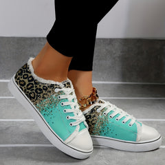 Leopard Print Canvas Shoes with Glitter Sequins Lace Up Lightweight Sneakers