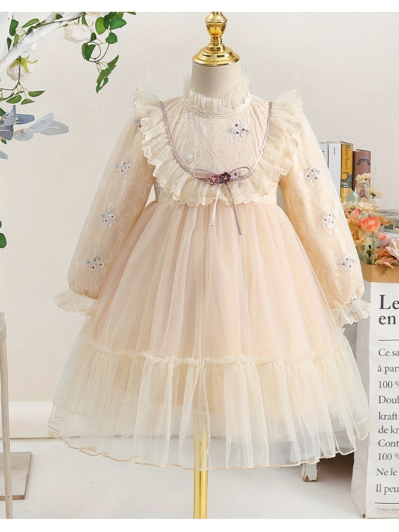 Girls' Lace Embroidered Princess Dress with Tulle