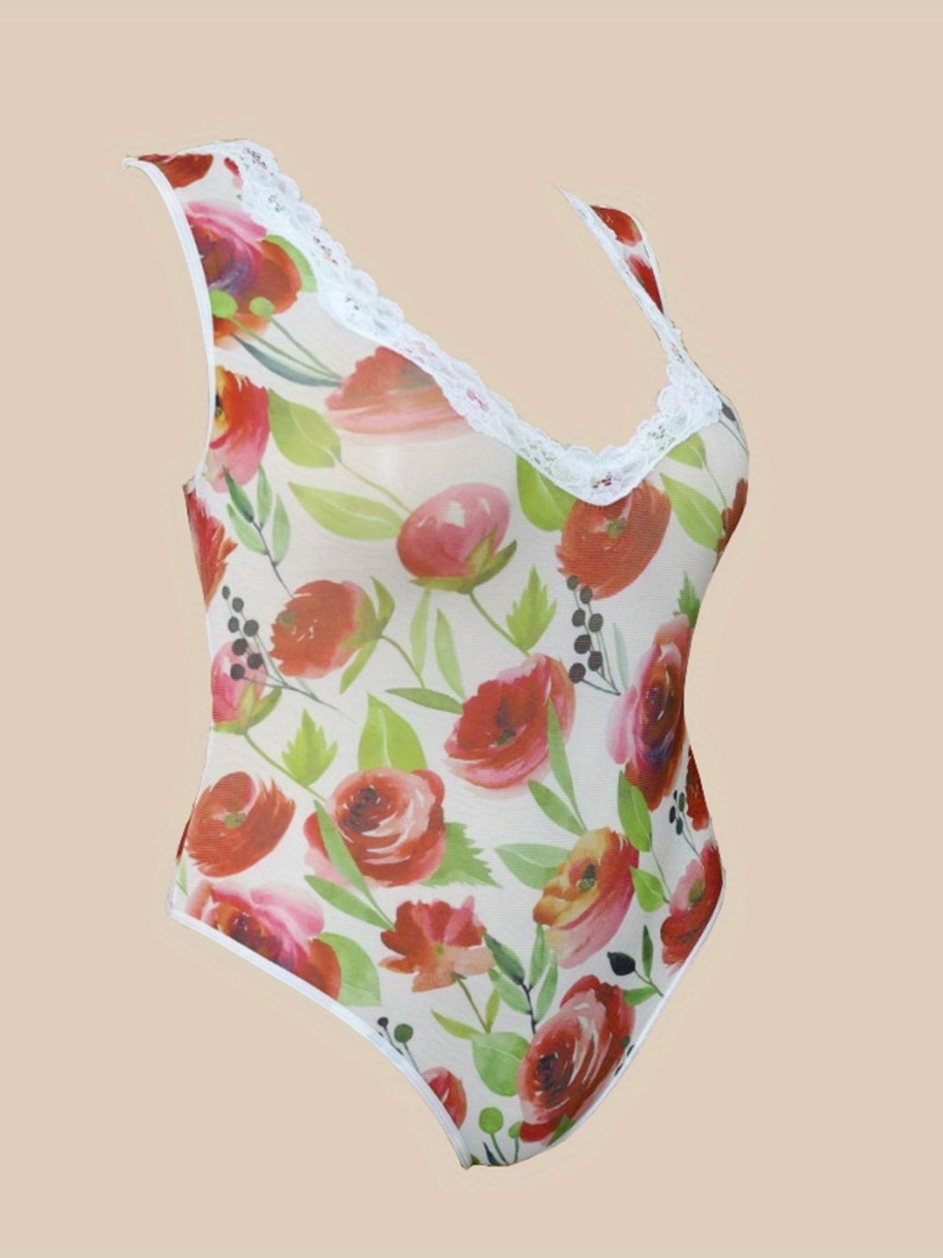 Rose Print Contrast Lace Trim Sheer Bodysuit