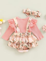 2pcs Baby Girls Floral Onesie & Headband Set Clothes