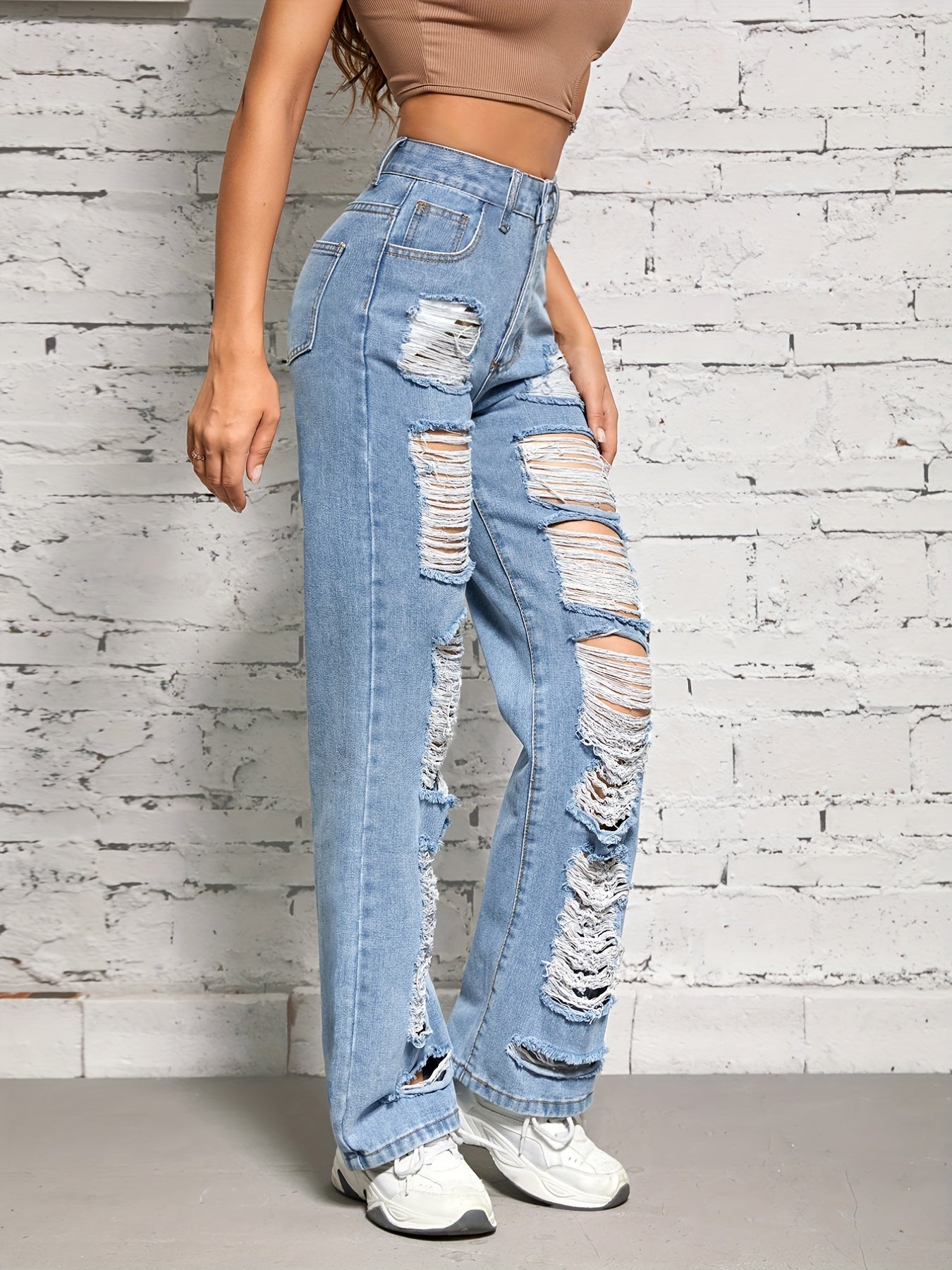 Street Style Distressed Jeans Ripped Holes Slash Pockets