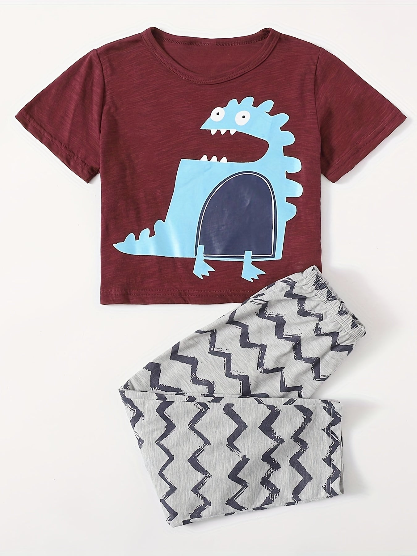 Boys' Dino Print 2pcs Cotton T-shirt & Wave Pants Set Summer Outfit