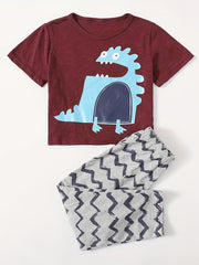 Boys' Dino Print 2pcs Cotton T-shirt & Wave Pants Set Summer Outfit