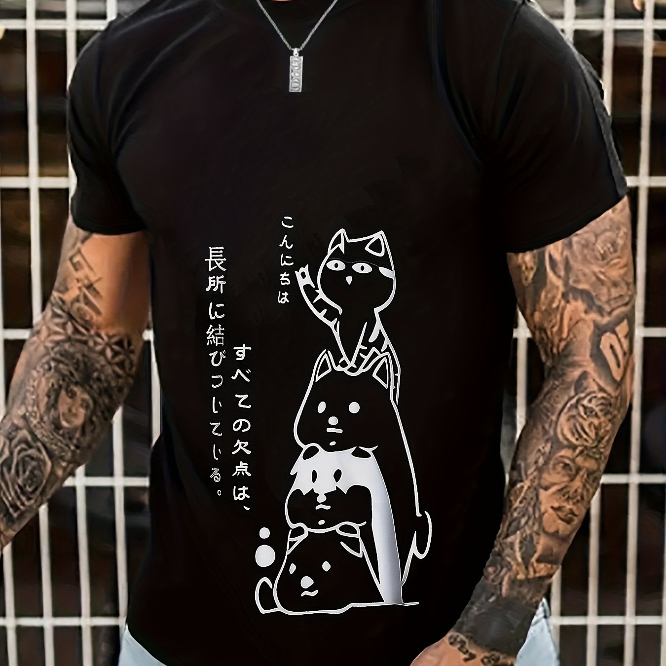 Anime Cat Print Men's Crew Neck T-shirt Casual Comfy Tees for Summer