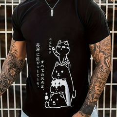 Anime Cat Print Men's Crew Neck T-shirt Casual Comfy Tees for Summer