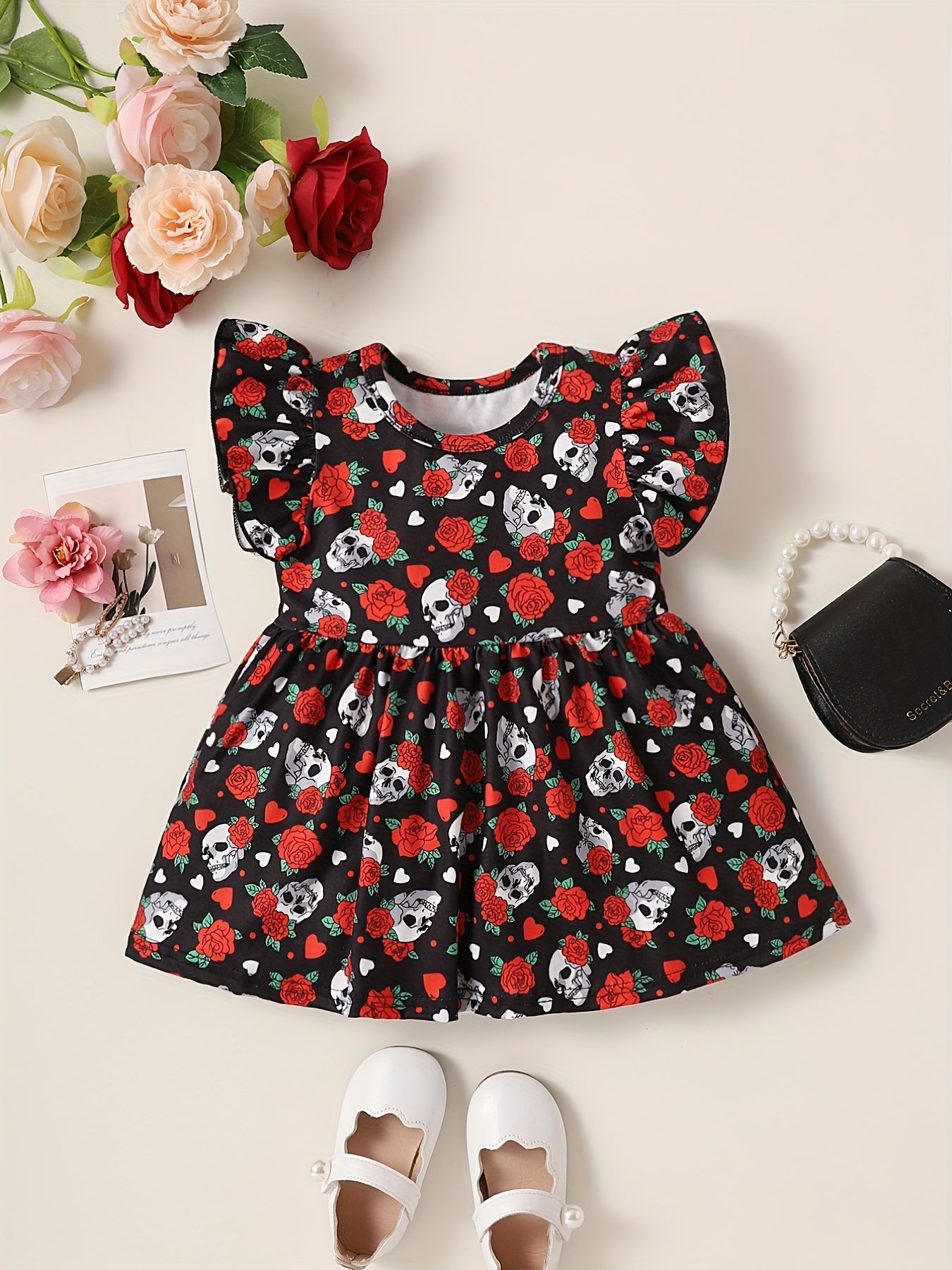 Baby Girl's Skull & Rose Flutter Sleeve Dress