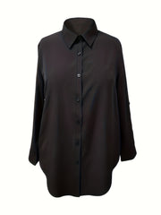 Casual Blouse Women's Plus Solid Button Up Roll Up Sleeve