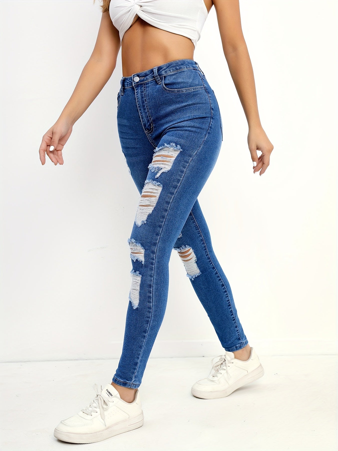 High Waist Skinny Jeans Solid Distressed Denim Pants
