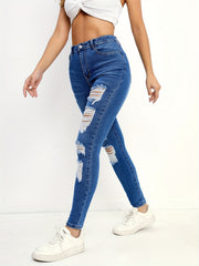 High Waist Skinny Jeans Solid Distressed Denim Pants