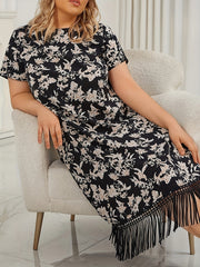 Floral Print Short Sleeve Midi Dress with Fringe Trim