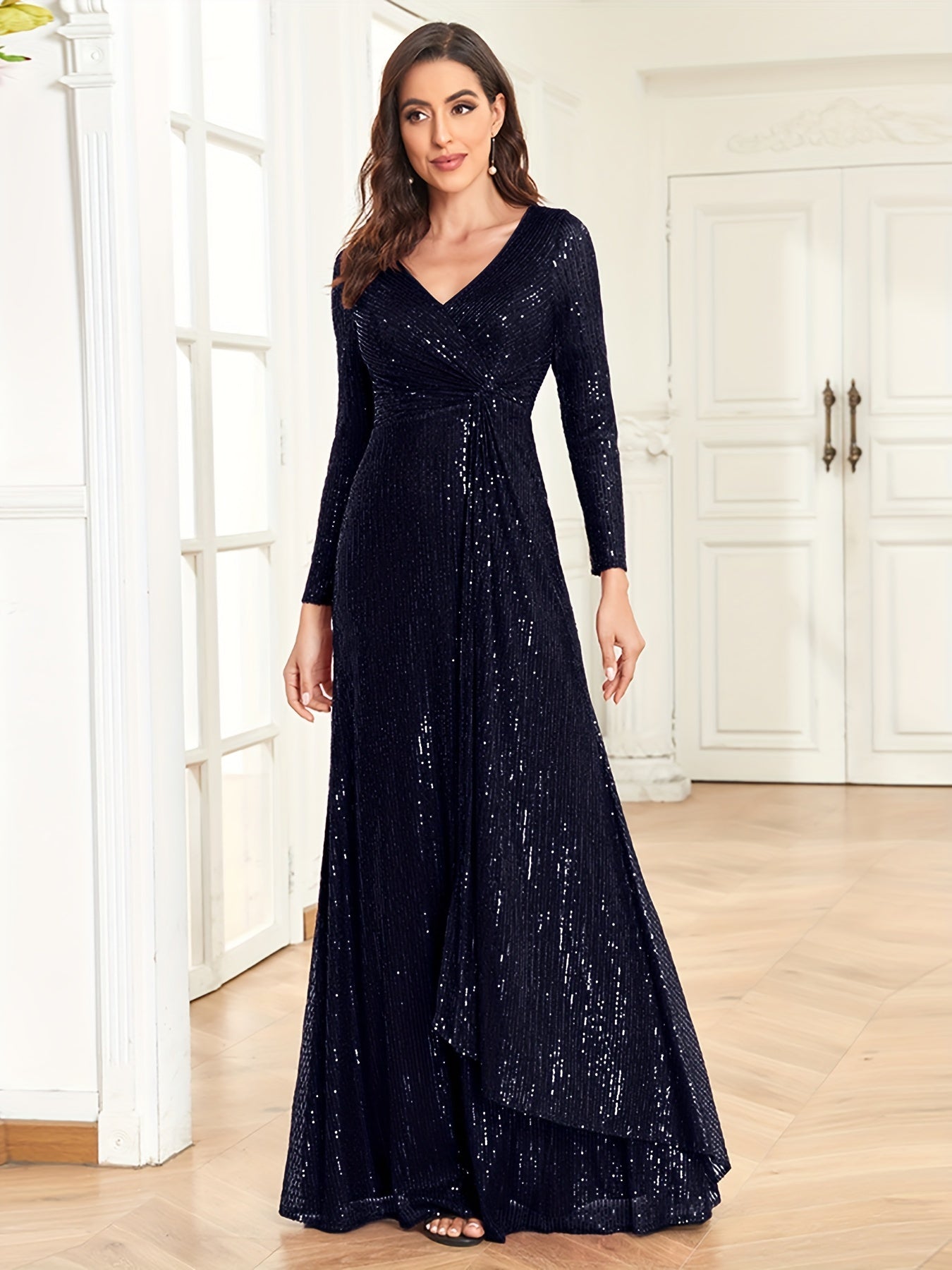 Sequins V Neck Evening Dress Long Sleeve Waist Guest Prom Cocktail Floor Length
