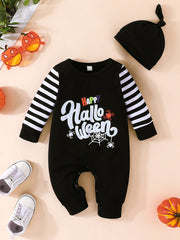 Halloween Striped Long Sleeve Romper Set Baby Bodysuit Hat 2pcs