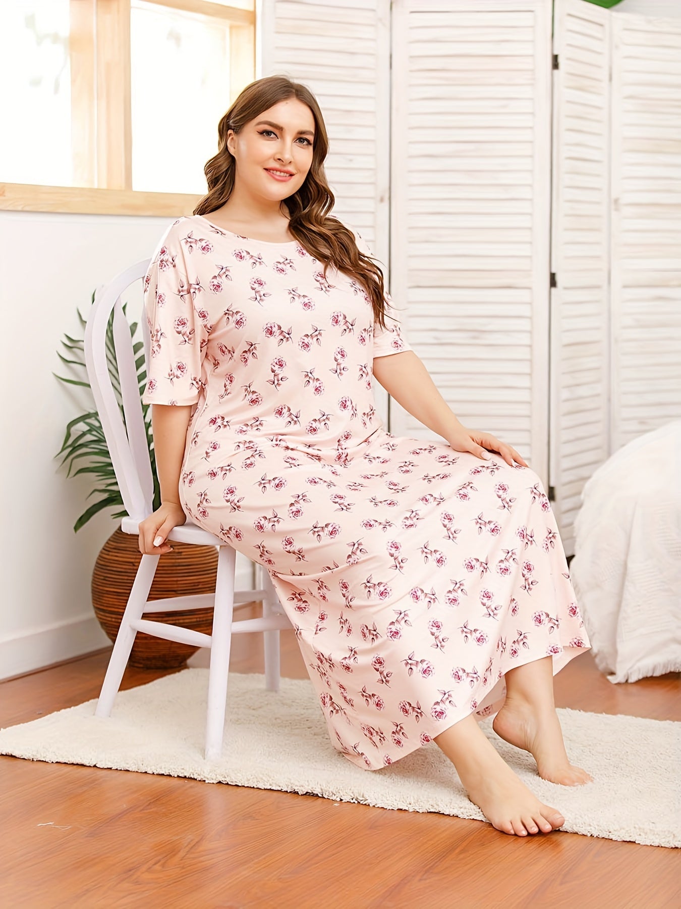 Casual Nightdress Women's Plus Floral Print Maxi Nightgown