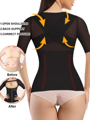 Front Buckle Shaping Tops Short Sleeve Tummy Control Slimmer Open Bust Top