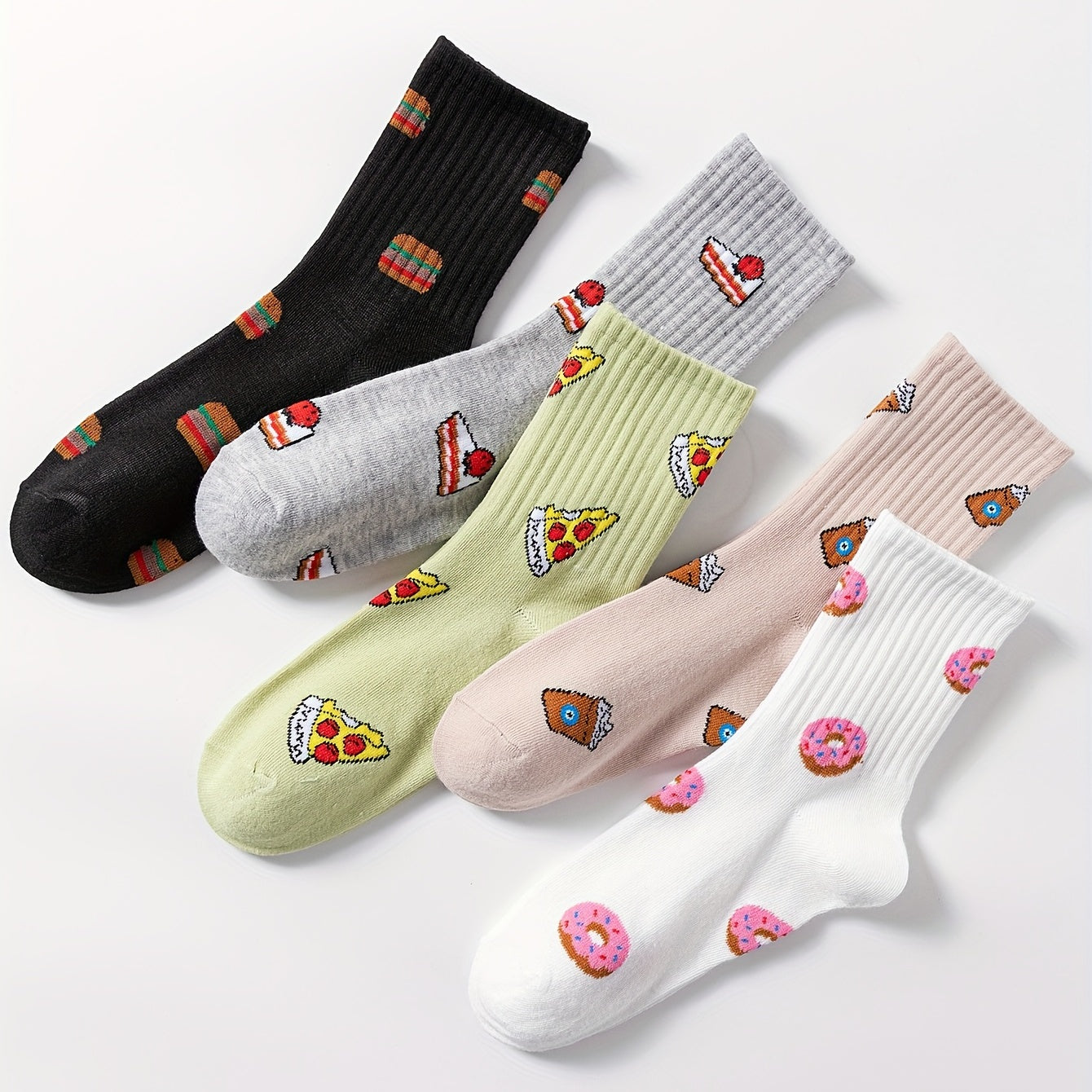 5 Pairs Cartoon Food Print Socks Comfy & Crew Socks Women's Stockings