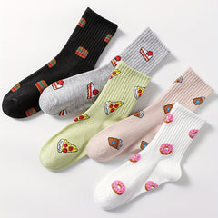 5 Pairs Cartoon Food Print Socks Comfy & Crew Socks Women's Stockings