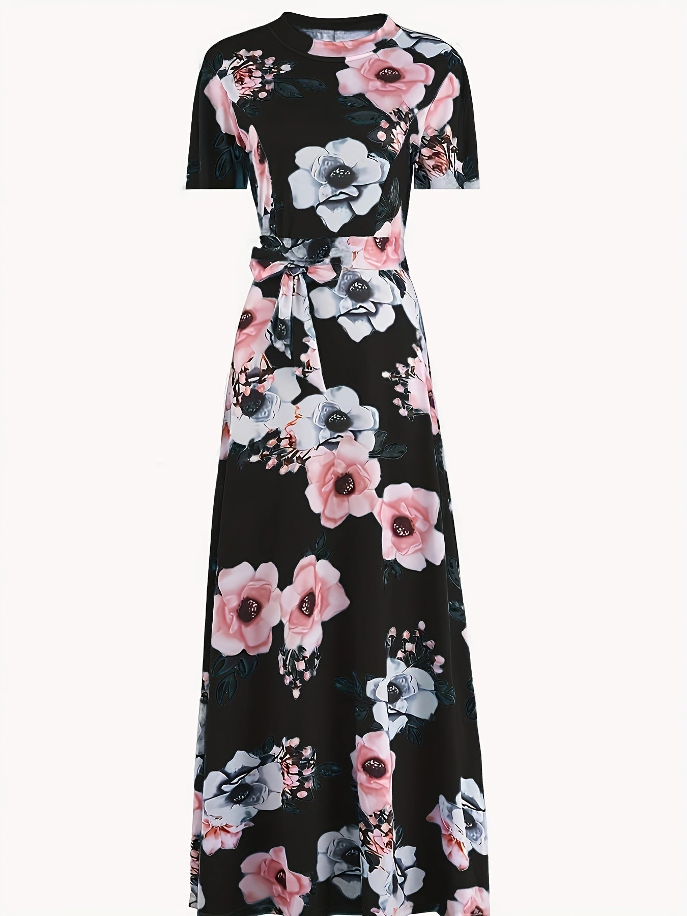 Vintage Floral Maxi Dress High Waist Short Sleeve