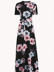 Vintage Floral Maxi Dress High Waist Short Sleeve