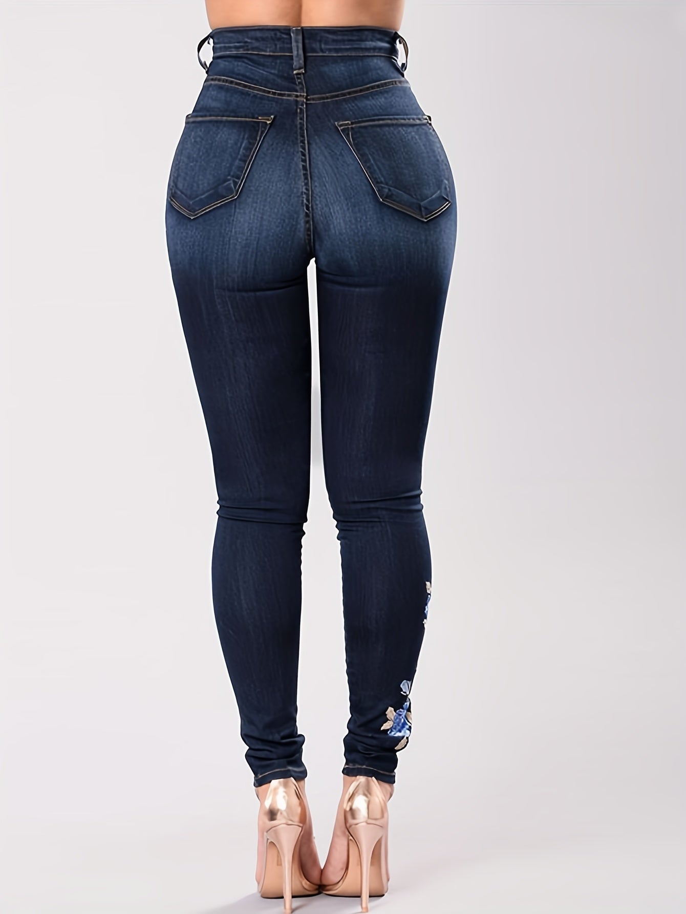 Floral Embroidery Skinny Jeans Zipper Button Medium Stretch Denim Pants