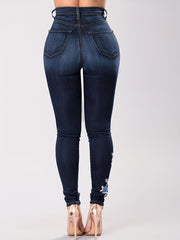 Floral Embroidery Skinny Jeans Zipper Button Medium Stretch Denim Pants