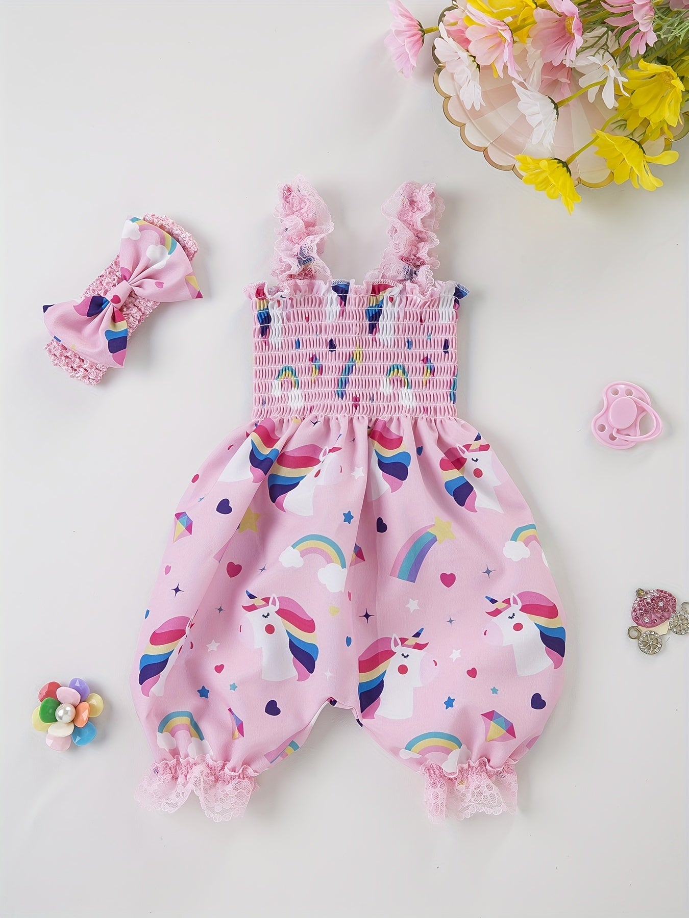 Baby Girls Romper Bloomers With Flower Print Lace Brim Bow Headband Set