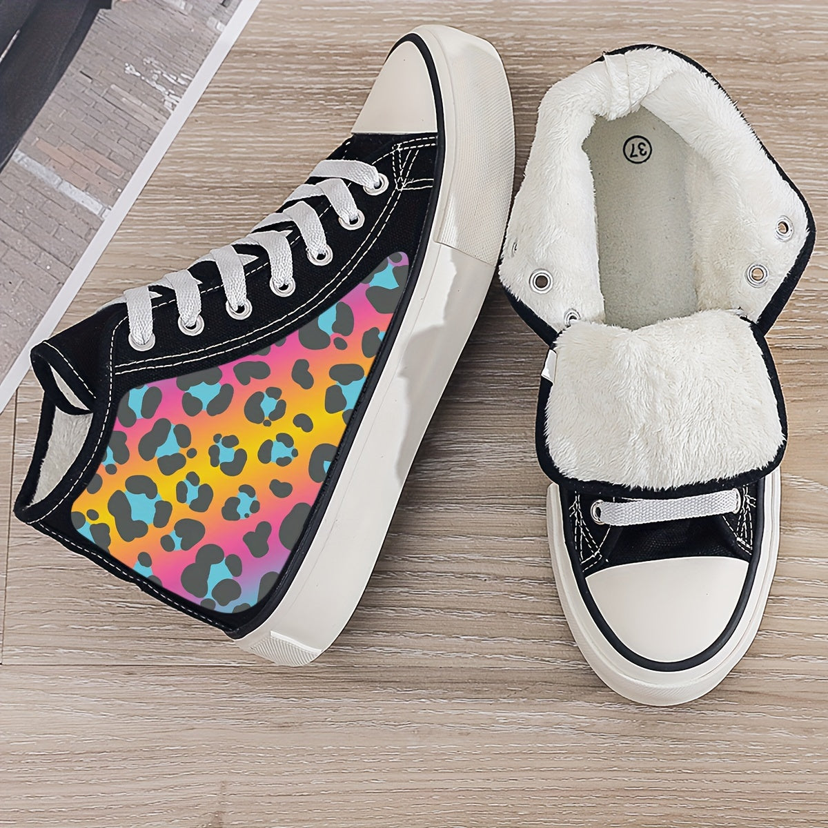 Leopard Print Y2K Plush Lined Thermal Chunky Canvas Sneakers