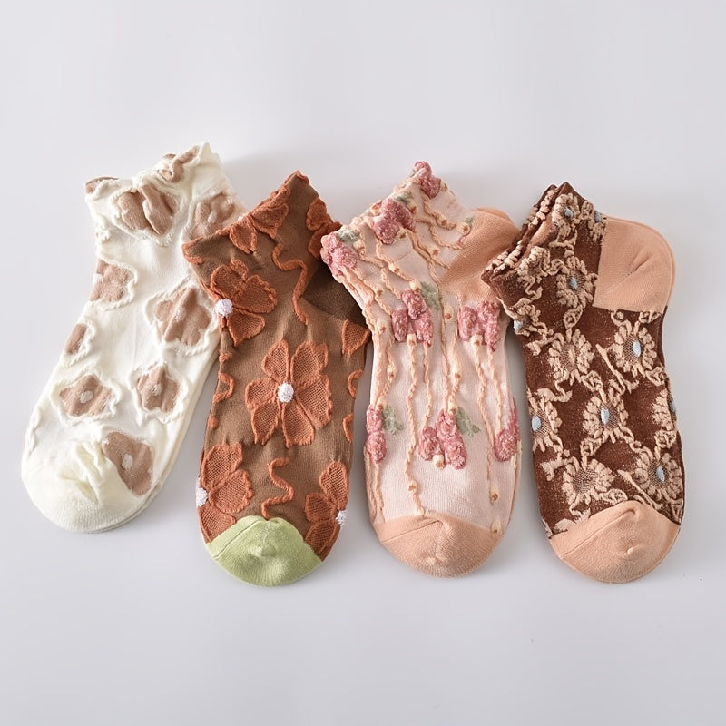 5 Pairs 3D Floral Textured Socks Retro Style Short Women's Stockings