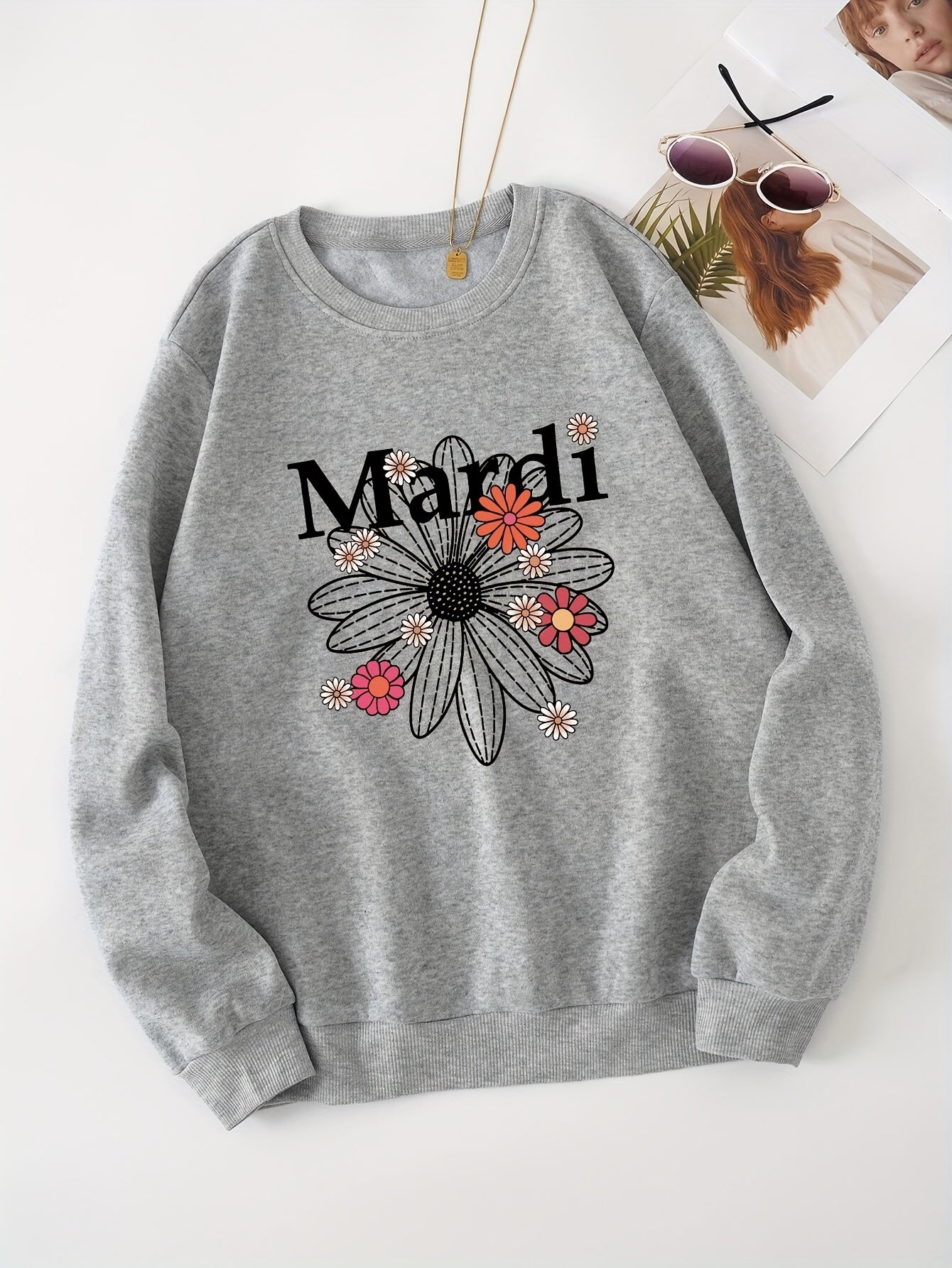 Letter Print Sweatshirt Daisy Flower Long Sleeve Crew Neck Casual Sweatshirt