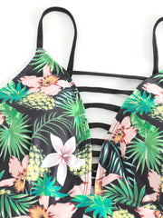 Tropical Print Cut Out V Neck Cami Top & Underwear Swimsuit Set