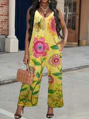 Boho Floral Wide Leg Jumpsuit Pocket Cami Summer